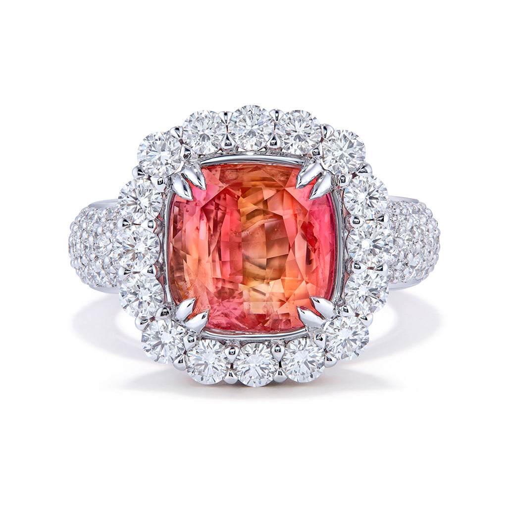 The Perfect Colour Unheated Padparadscha Ceylon Sapphire SSEF Ring with D Flawless Diamonds set in 18K White Gold