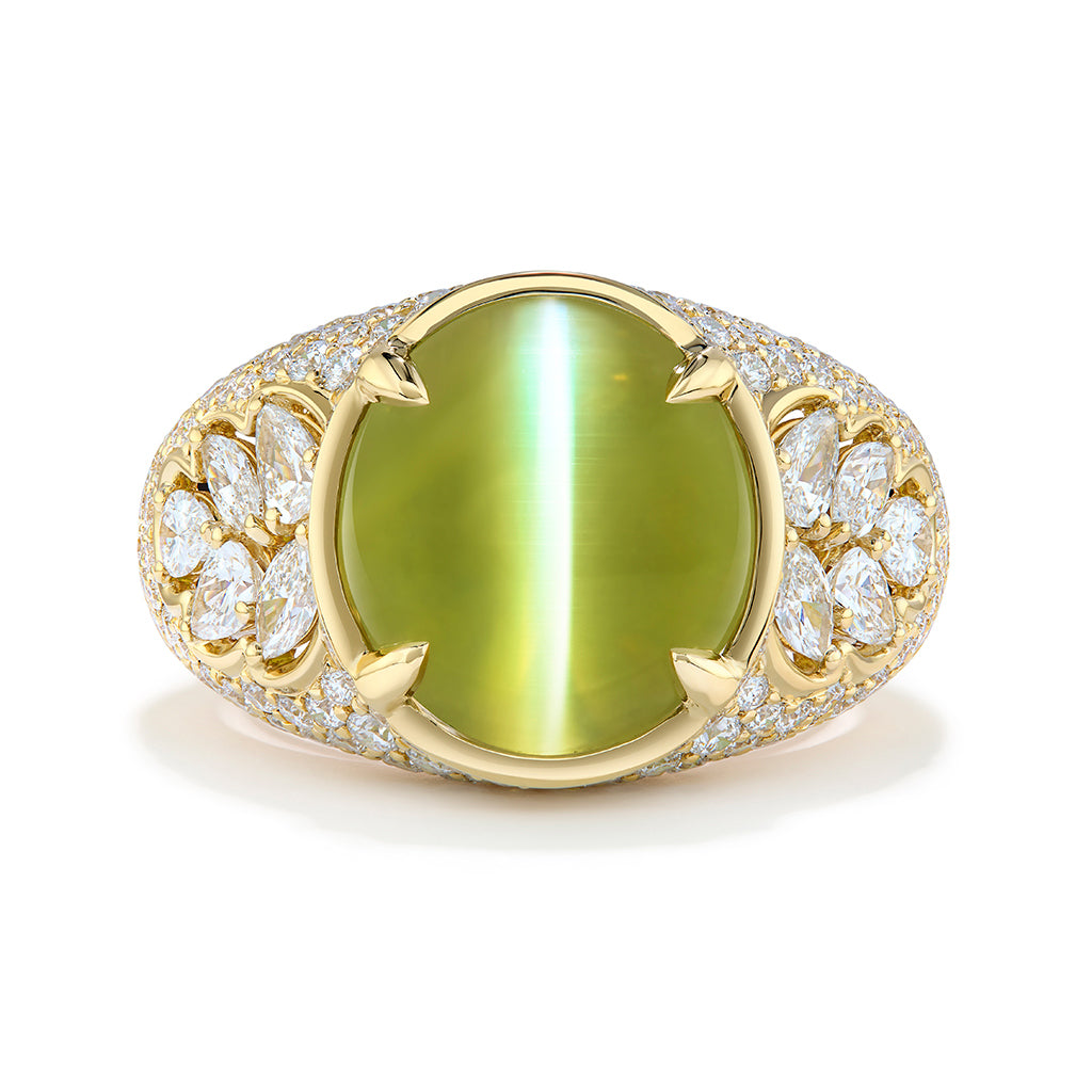Milk And Honey Chrysoberyl Cats Eye Ring with D Flawless Diamonds set in 18K Yellow Gold