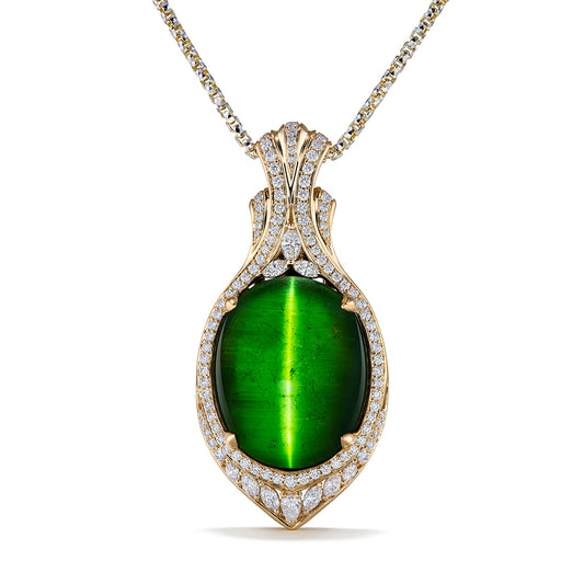Neon Tourmaline Cats Eye Necklace with D Flawless Diamonds set in 18K Yellow Gold