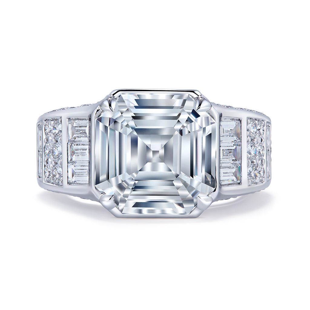 Asscher Unheated Ceylon White Sapphire Ring with D Flawless Diamonds set in 18K White Gold