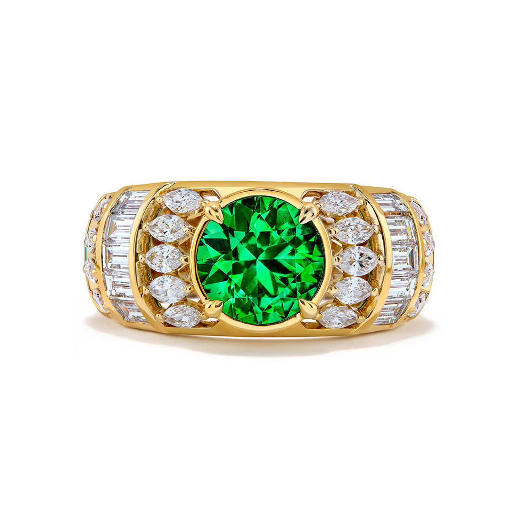 Bluish Russian Horsetail Demantoid Ring with D Flawless Diamonds set in 18K Yellow Gold