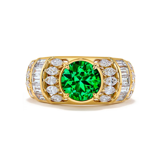 Bluish Russian Horsetail Demantoid Ring with D Flawless Diamonds set in 18K Yellow Gold