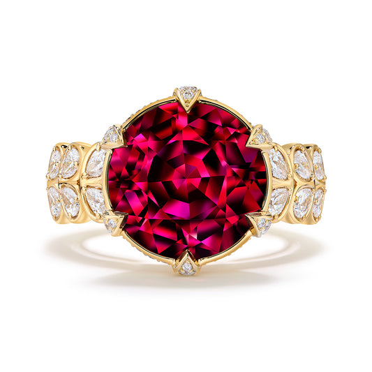 Magenta Garnet Ring with D Flawless Diamonds set in 18K Yellow Gold