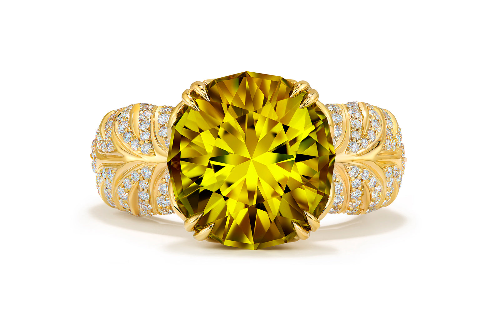 Neon Yellow Titanium Tourmaline Ring with D Flawless Diamonds set in 18K Yellow Gold