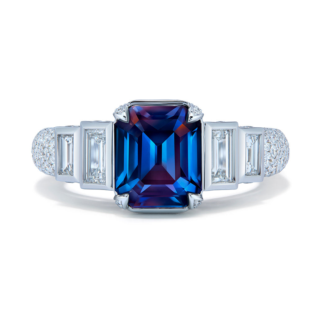 Unheated Color Change Sapphire Ring with D Flawless Diamonds set in 18K White Gold