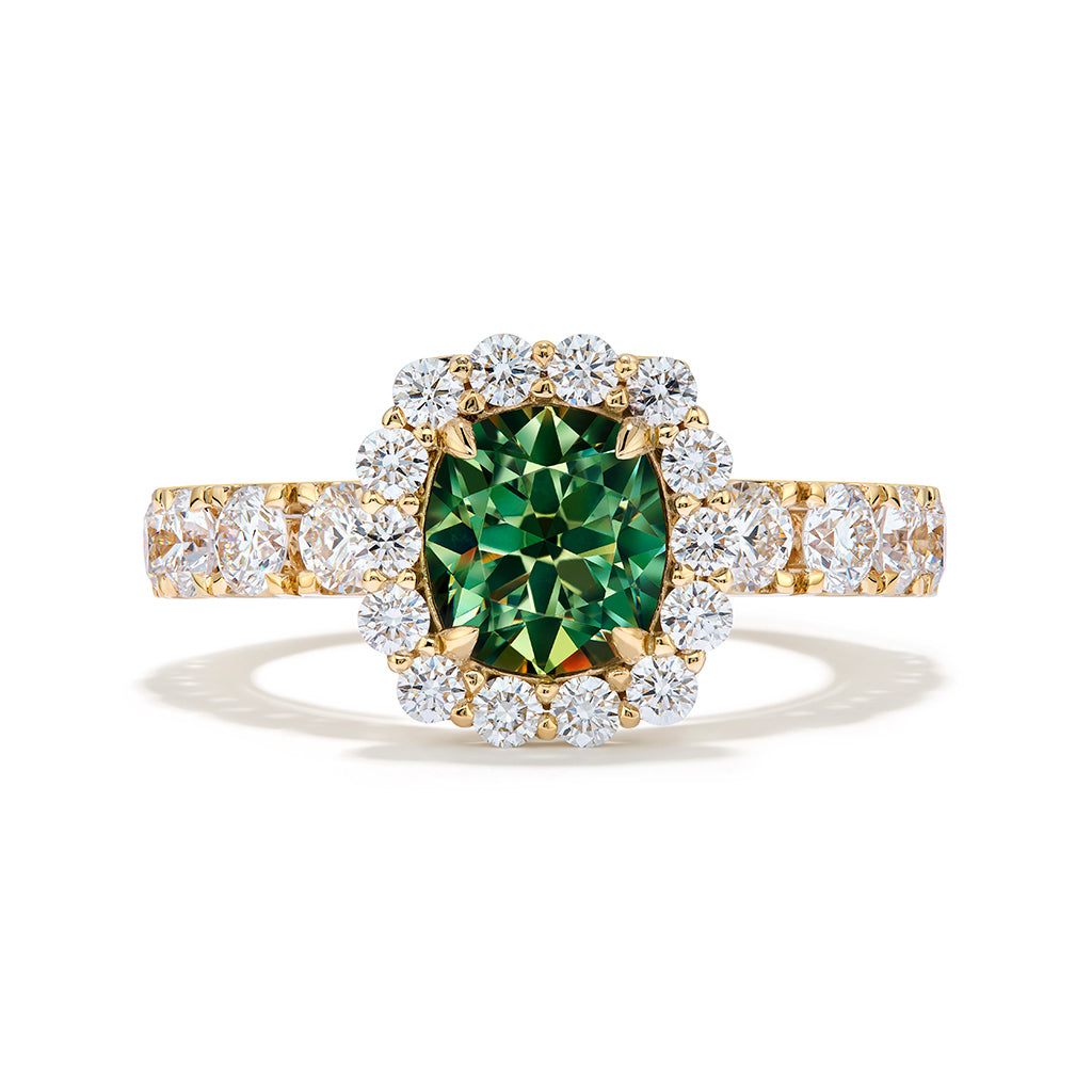 Russian Horsetail Color Change Demantoid Ring with D Flawless Diamonds set in 18K Yellow Gold
