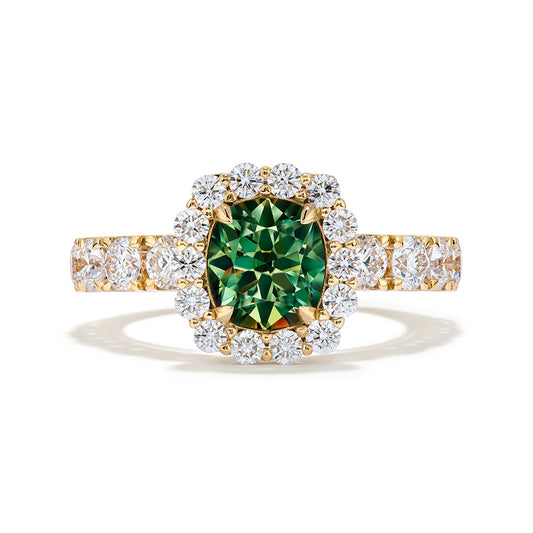 Russian Horsetail Color Change Demantoid Ring with D Flawless Diamonds set in 18K Yellow Gold