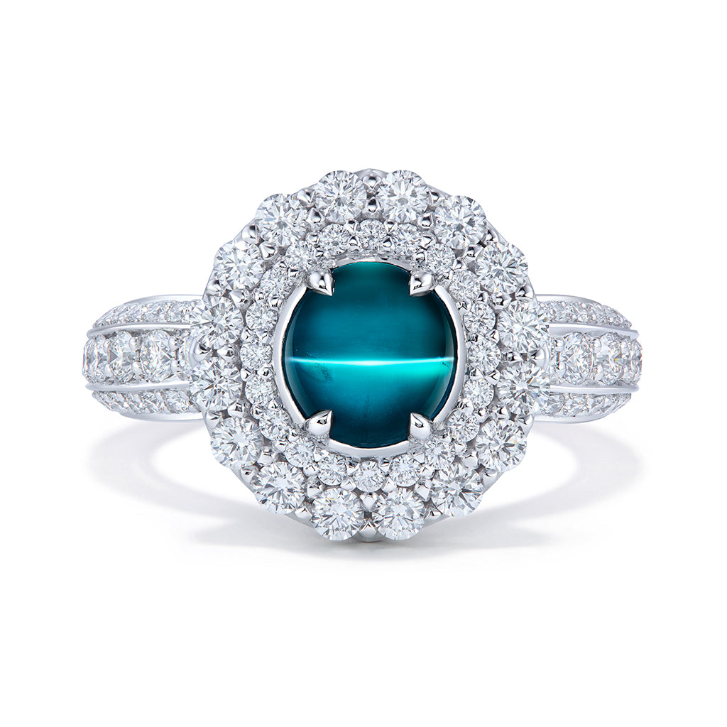 Blue 100% Change Brazilian Alexandrite Cats Eye Ring with D Flawless Diamonds set in 18K White Gold