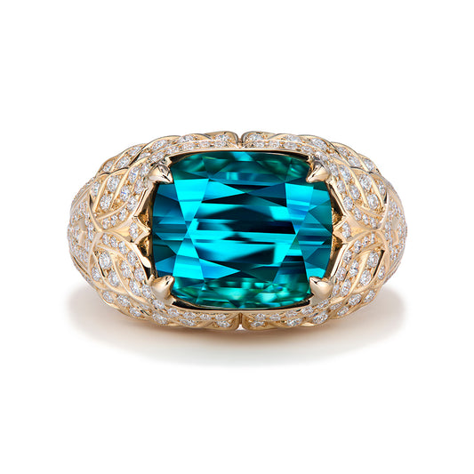 Afghan Indicolite Ring with D Flawless Diamonds set in 18K Yellow Gold