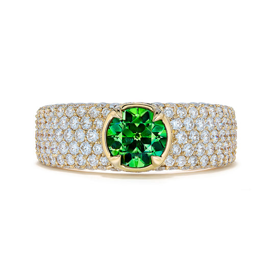 Russian Horsetail Color Change Demantoid Ring with D Flawless Diamonds set in 18K Yellow Gold