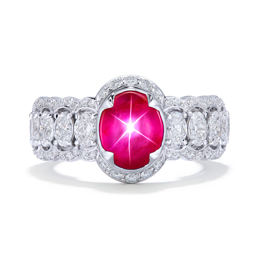 Unheated Mogok Burmese Star Ruby Ring with D Flawless Diamonds set in 18K White Gold