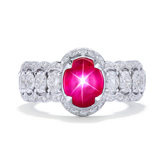 Unheated Mogok Burmese Star Ruby Ring with D Flawless Diamonds set in 18K White Gold