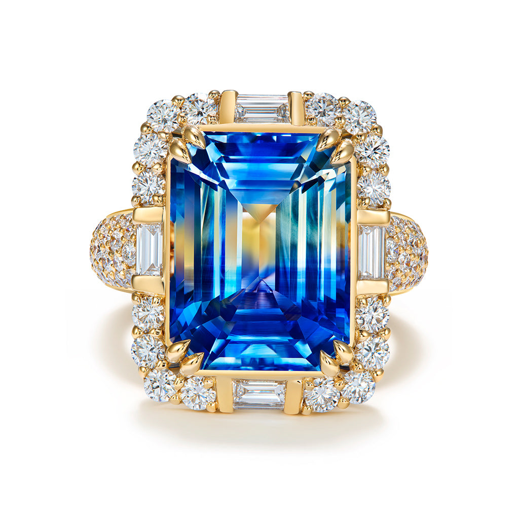 Record Unheated Ceylon Bi Color Sapphire Ring with D Flawless Diamonds set in 18K Yellow Gold