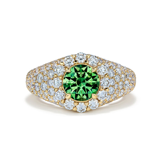 Russian Horsetail Color Change Demantoid Ring with D Flawless Diamonds set in 18K Yellow Gold