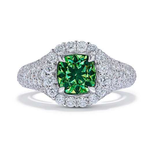 Russian Horsetail Demantoid Ring with D Flawless Diamonds set in 18K White Gold