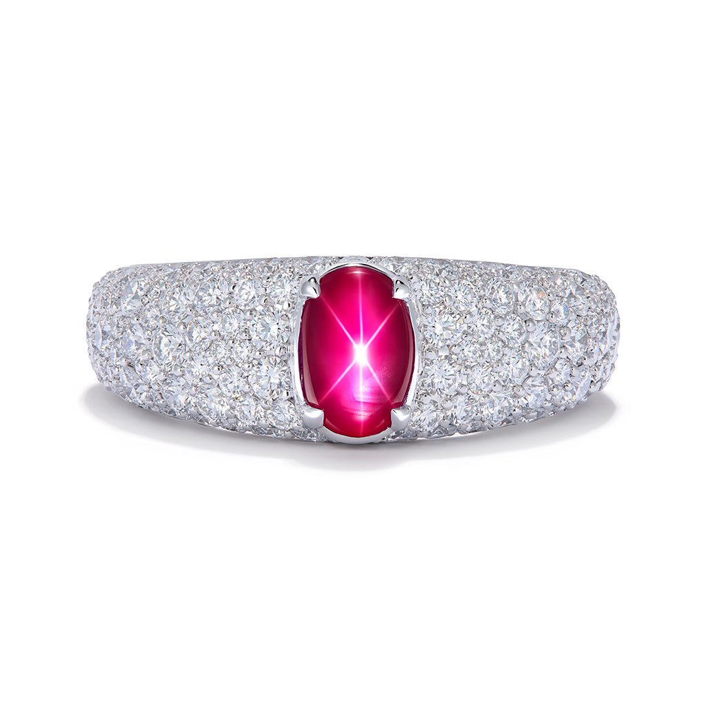 Unheated Mogok Burmese Star Ruby Ring with D Flawless Diamonds set in 18K White Gold
