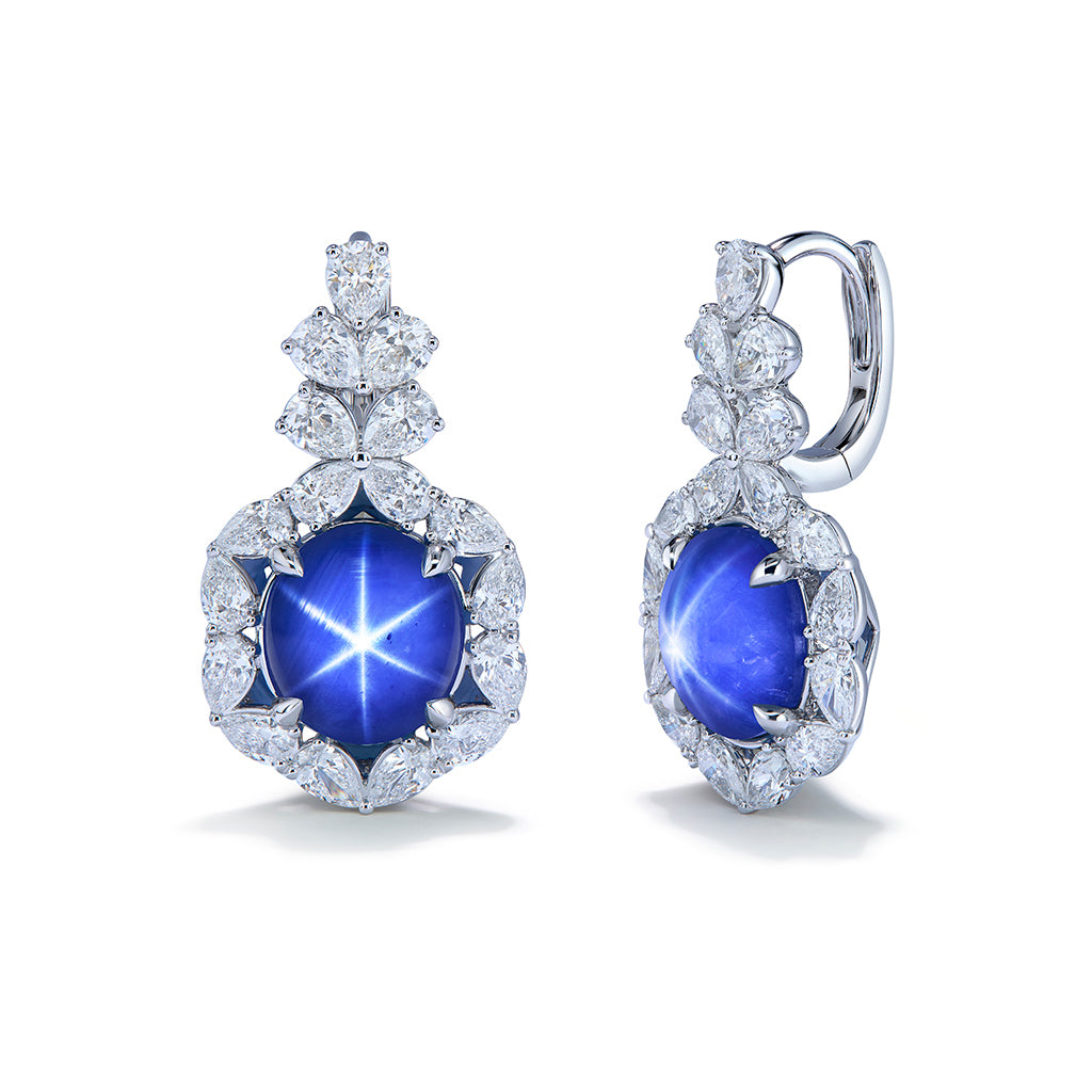 Unheated Burmese Star Sapphire Earrings with D Flawless Diamonds set in 18K White Gold