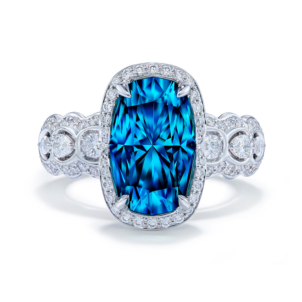 Blue Zircon Ring with D Flawless Diamonds set in 18K White Gold