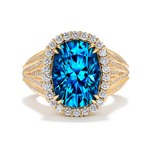 Blue Zircon Ring with D Flawless Diamonds set in 18K Yellow Gold
