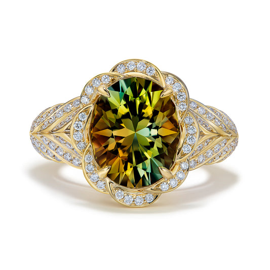 Yellow Tanzanite Ring with D Flawless Diamonds set in 18K Yellow Gold