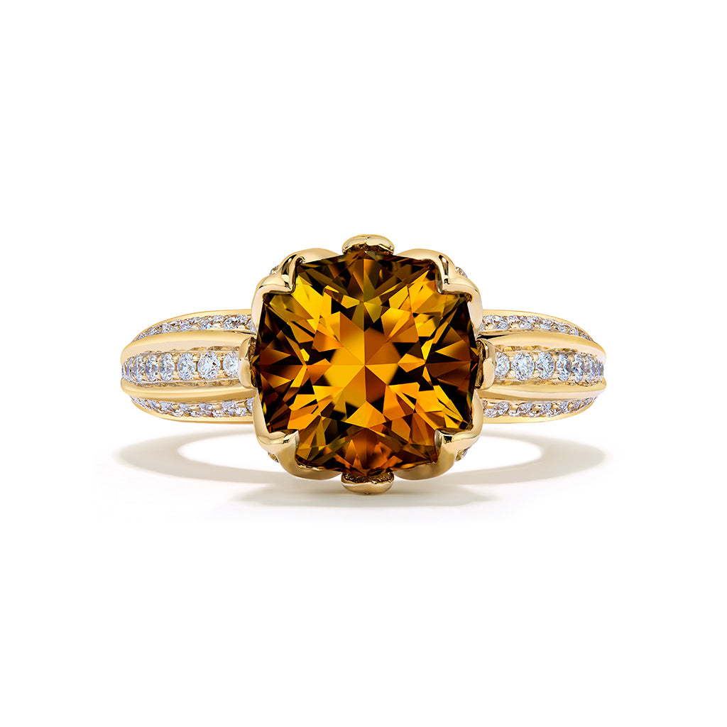 Yellow Tanzanite Ring with D Flawless Diamonds set in 18K Yellow Gold