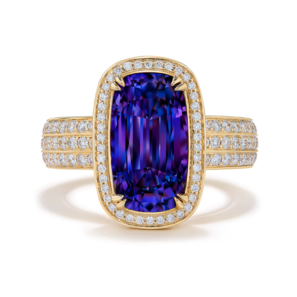 Unheated Bluish Pink Tanzanite Ring with D Flawless Diamonds set in 18K Yellow Gold