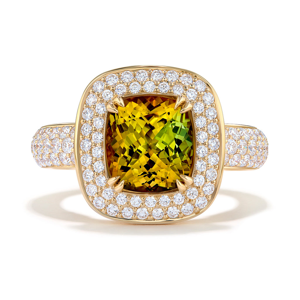 Yellow Tanzanite Ring with D Flawless Diamonds set in 18K Yellow Gold