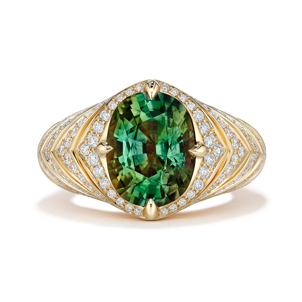Green Tanzanite Ring with D Flawless Diamonds set in 18K Yellow Gold