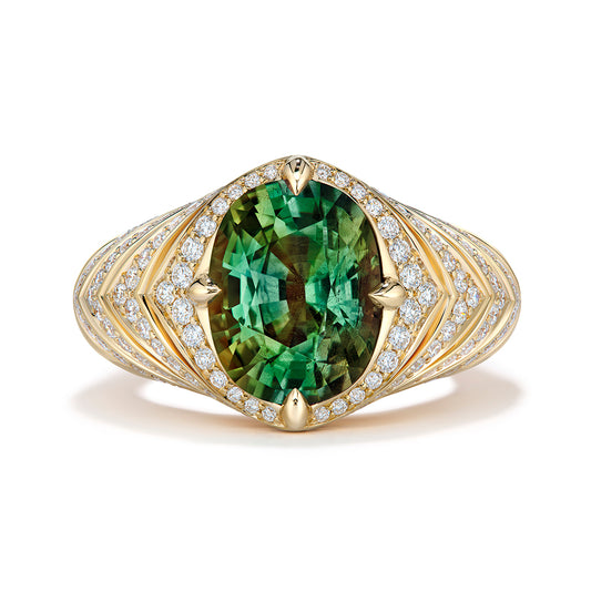 Green Tanzanite Ring with D Flawless Diamonds set in 18K Yellow Gold