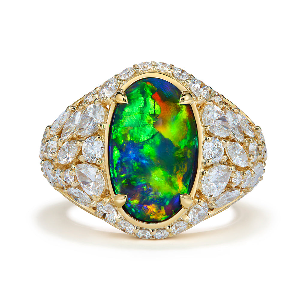 Lightning Ridged Black Opal Ring with D Flawless Diamonds set in 18K Yellow Gold