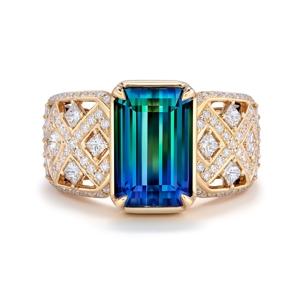 Bi Color Tanzanite Ring with D Flawless Diamonds set in 18K Yellow Gold