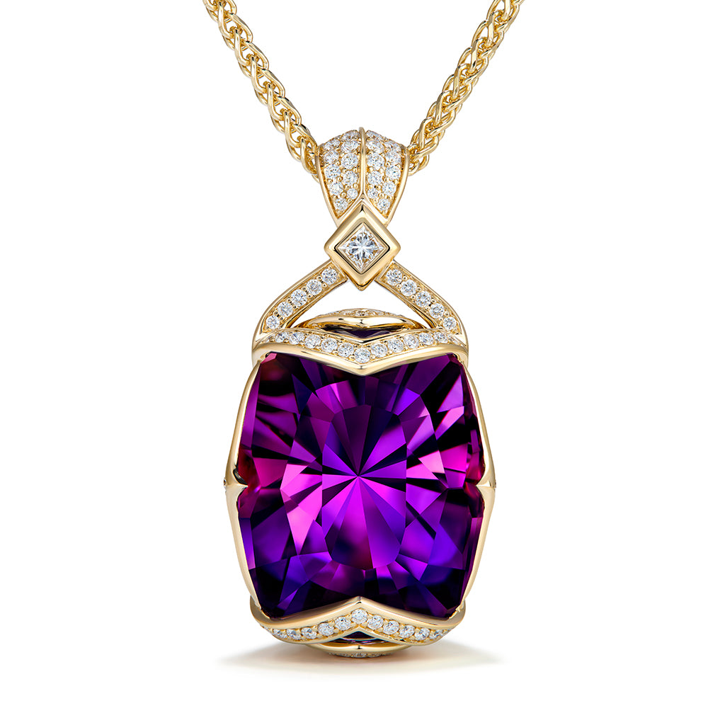 Blue Korean Amethyst Necklace with D Flawless Diamonds set in 18K Yellow Gold