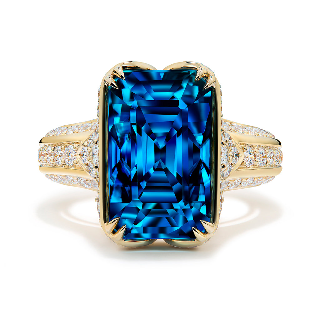 Blue Zircon Ring with D Flawless Diamonds set in 18K Yellow Gold