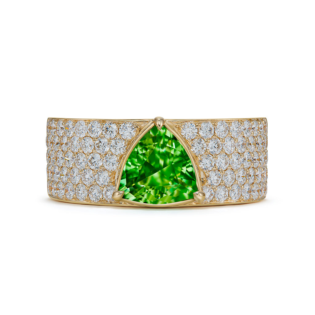 North Carolina Neon Hiddenite Ring with D Flawless Diamonds set in 18K Yellow Gold