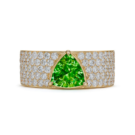 North Carolina Neon Hiddenite Ring with D Flawless Diamonds set in 18K Yellow Gold