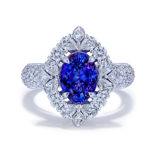 California Benitoite Ring with D Flawless Diamonds set in 18K White Gold