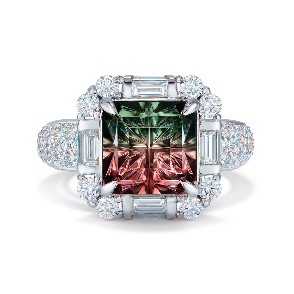 Namibian Bi Color Tourmaline Ring with D Flawless Diamonds set in 18K White Gold