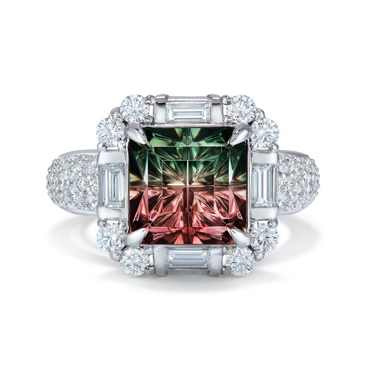 Namibian Bi Color Tourmaline Ring with D Flawless Diamonds set in 18K White Gold