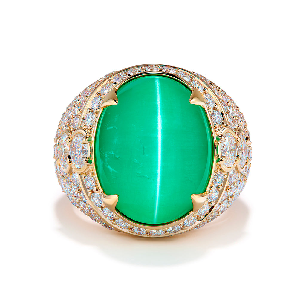 Emerald Cat's Eye Ring with D Flawless Diamonds set in 18K Yellow Gold