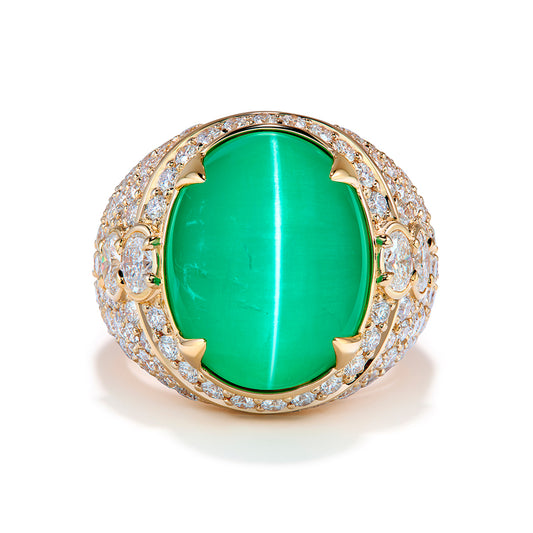 Emerald Cat's Eye Ring with D Flawless Diamonds set in 18K Yellow Gold