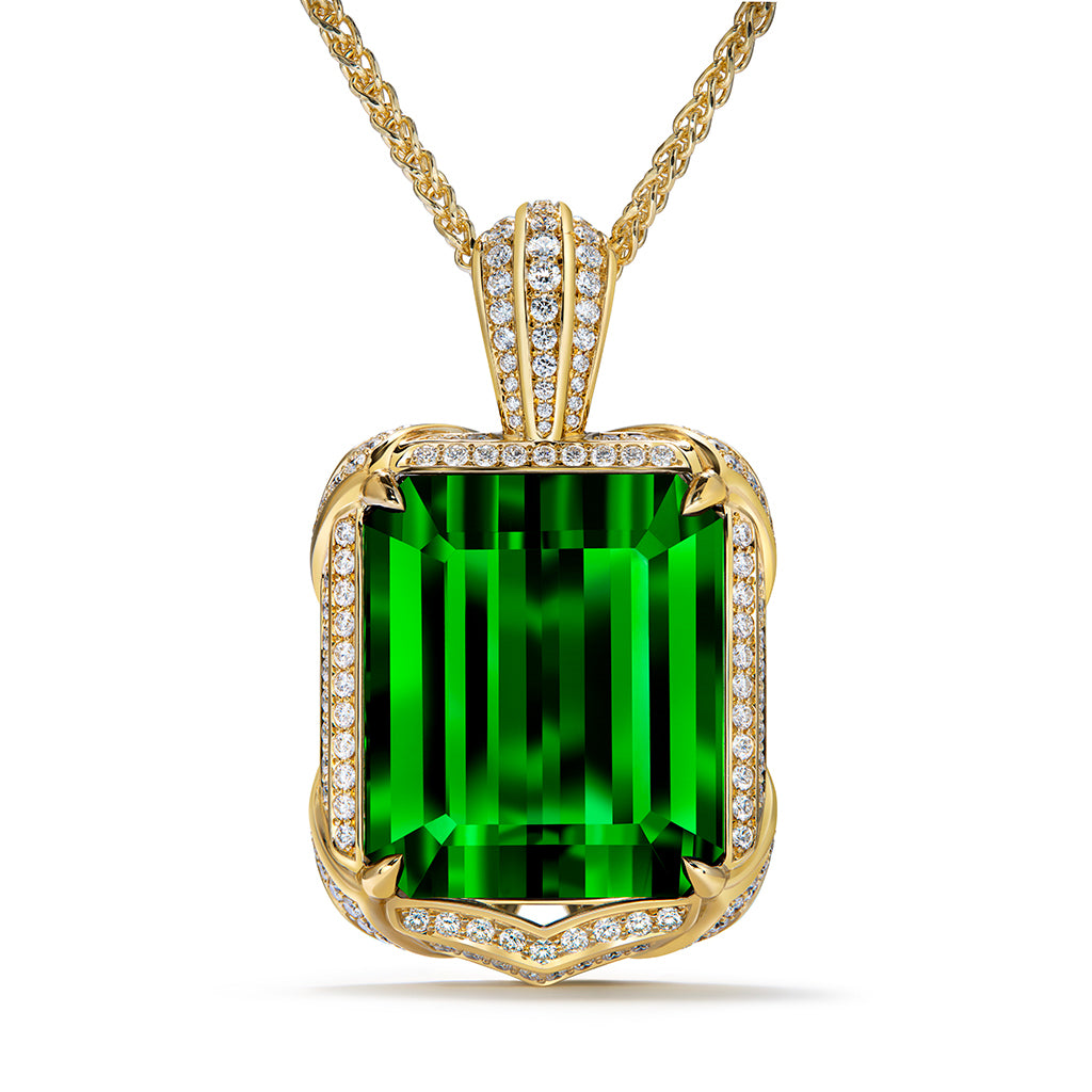 Neon Green Tourmaline Necklace with D Flawless Diamonds set in 18K Yellow Gold