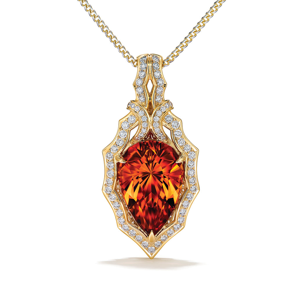 Urals Neon Siberian Citrine Necklace with D Flawless Diamonds set in 18K Yellow Gold