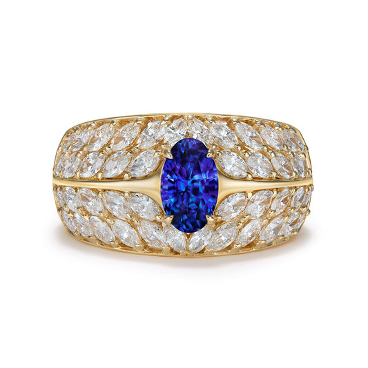 California Benitoite Ring with D Flawless Diamonds set in 18K Yellow Gold