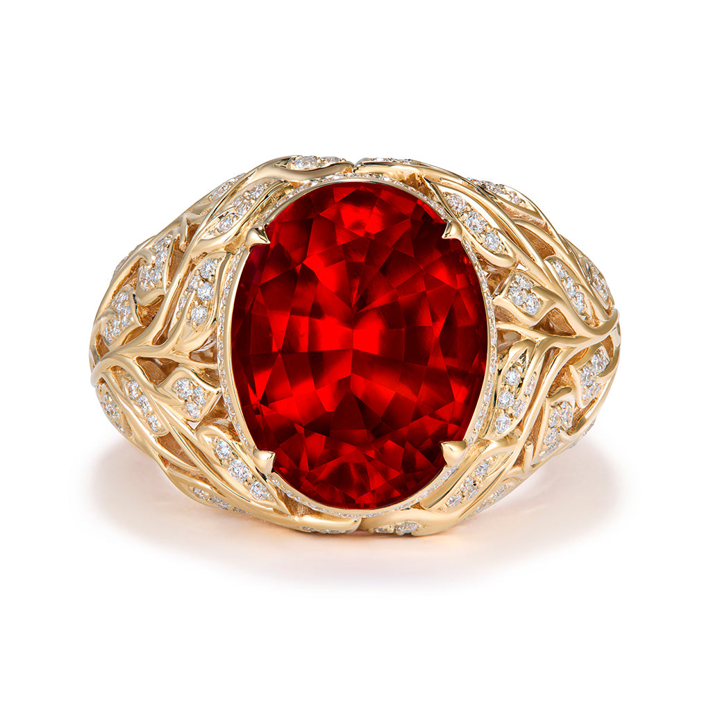 Red Sweet Home Colorado Rhodochrosite Ring with D Flawless Diamonds set in 18K Yellow Gold