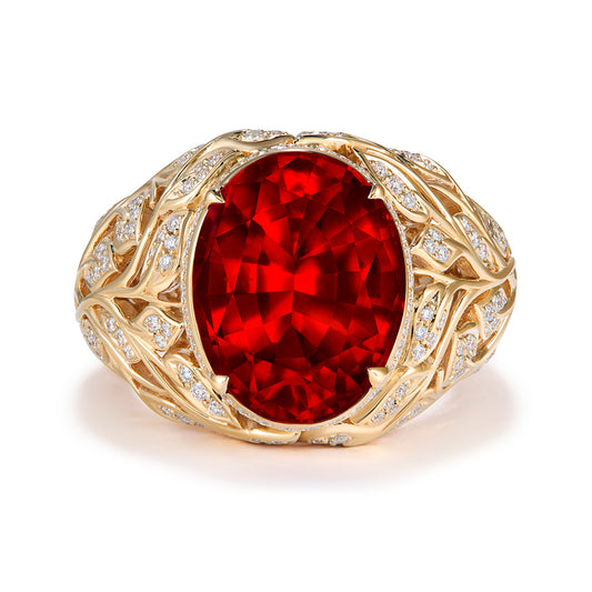 Red Sweet Home Colorado Rhodochrosite Ring with D Flawless Diamonds set in 18K Yellow Gold