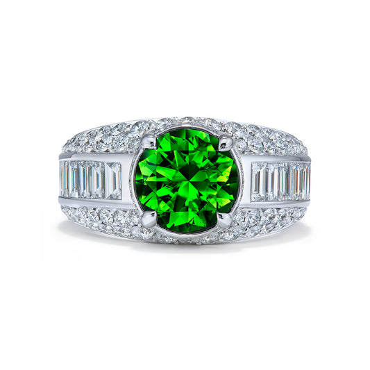 Neon Russian Horsetail Demantoid Ring with D Flawless Diamonds set in 18K White Gold