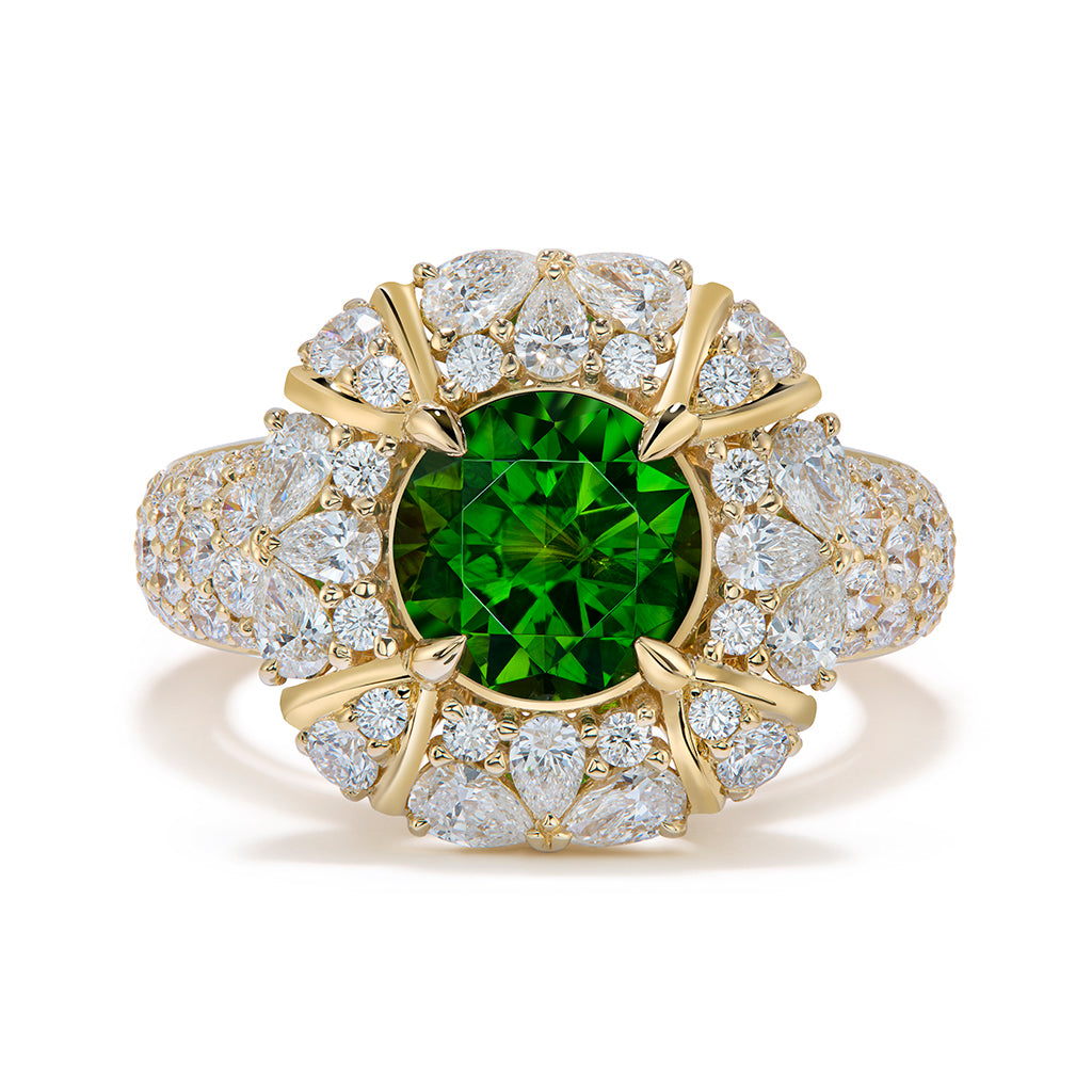 Neon Russian Horsetail Demantoid Ring with D Flawless Diamonds set in 18K Yellow Gold
