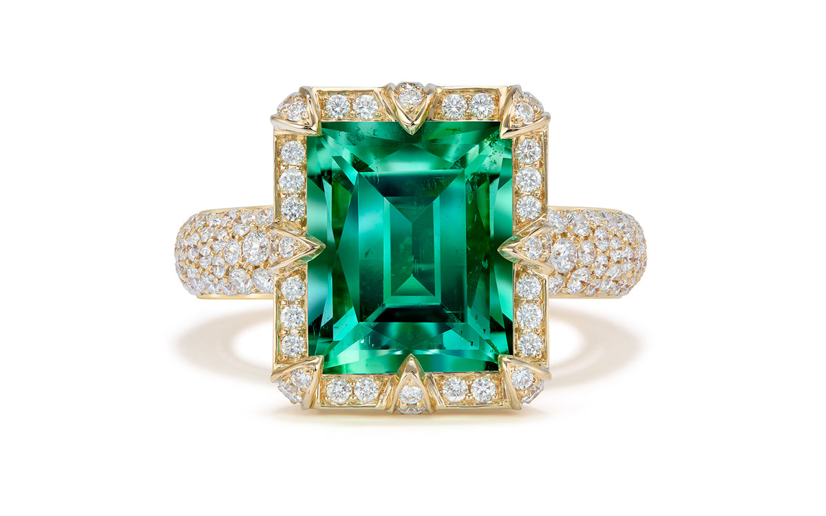 No Oil Russian Emerald Ring with D Flawless Diamonds set in 18K Yellow Gold