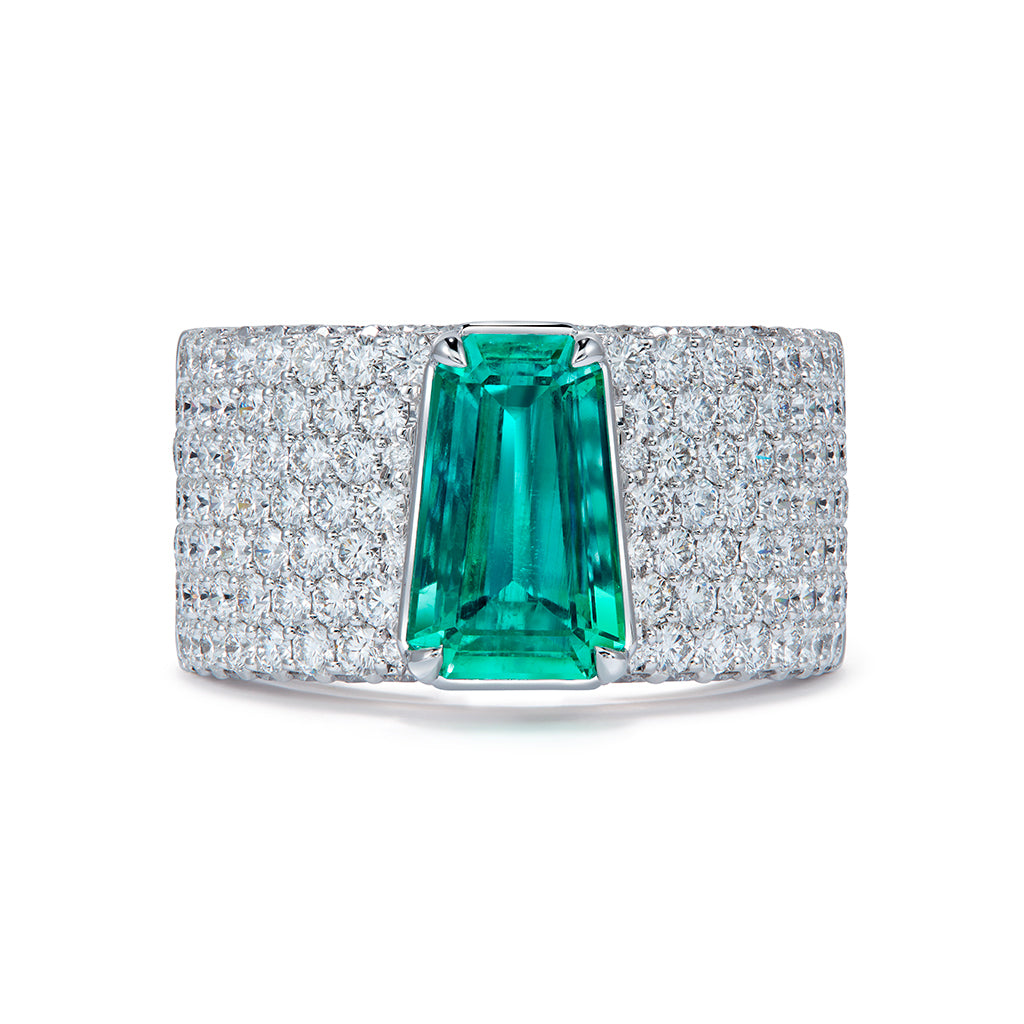 No Oil Russian Emerald Ring with D Flawless Diamonds set in 18K White Gold