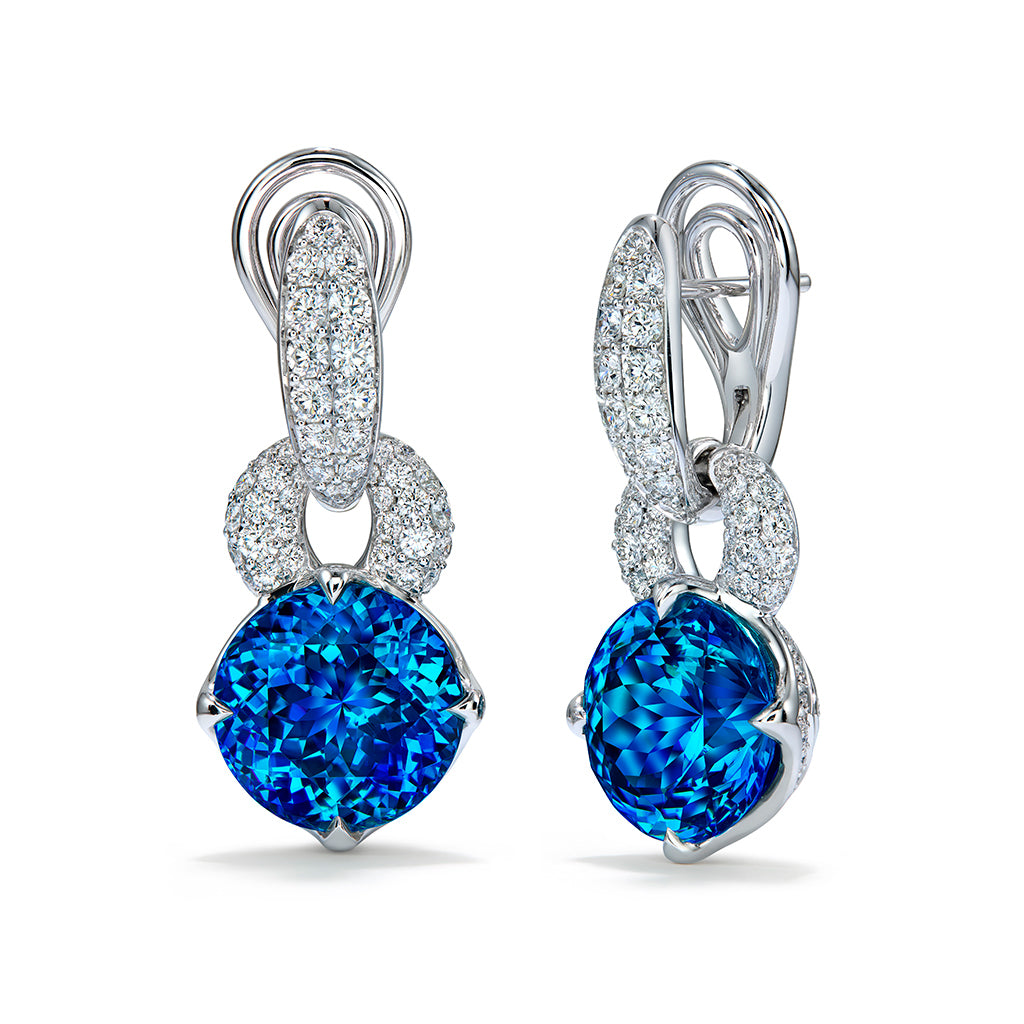 Blue Zircon Earrings with D Flawless Diamonds set in 18K White Gold